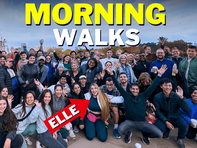 Header text: Morning Walks, with group photo from Elle's walk session in Austin Texas