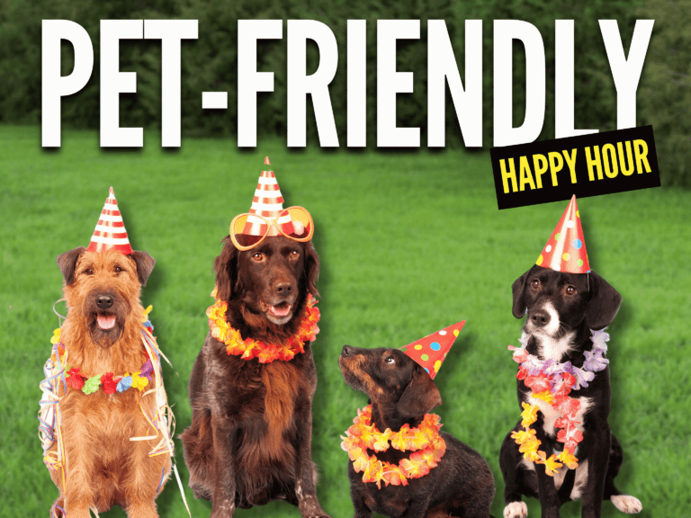 Pet-Friendly Happy Hour header text, showing four dogs with party hats in a backyard