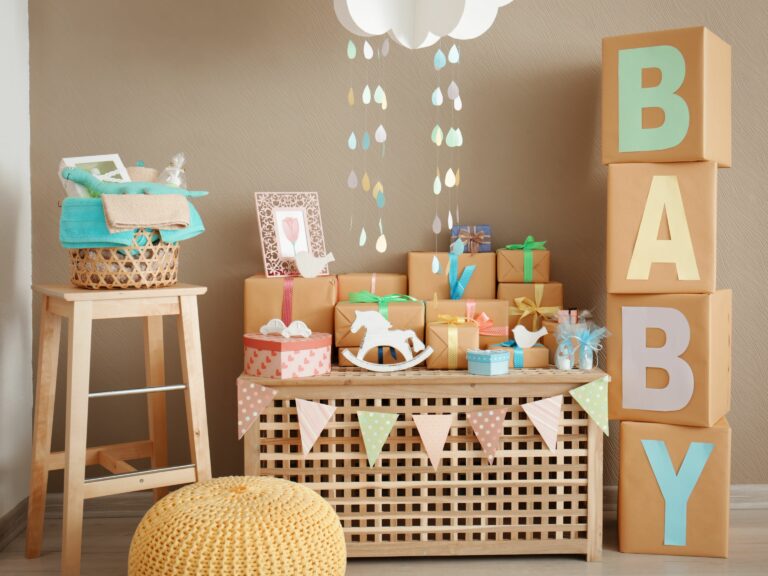 a baby shower party with boxes and decorations